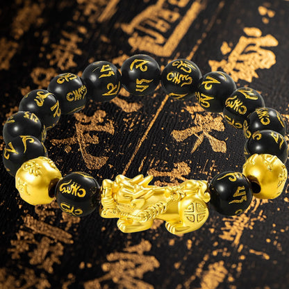 Black Obsidian Pixiu Bracelet with Six-Syllable Mantra: Feng Shui Luck Wealth and Protection