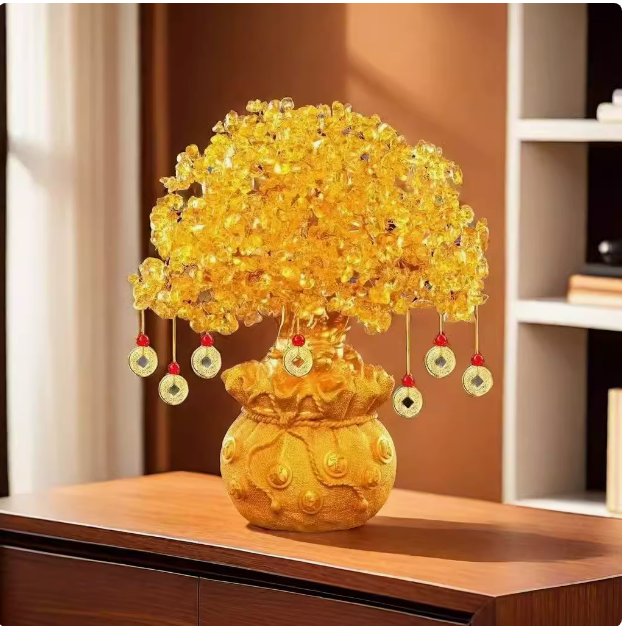 Yellow Citrine Money Tree Wine Cabinet Decoration Home Living Room Wealth Feng Shui Lucky Tree Creative Business Opening Gift.