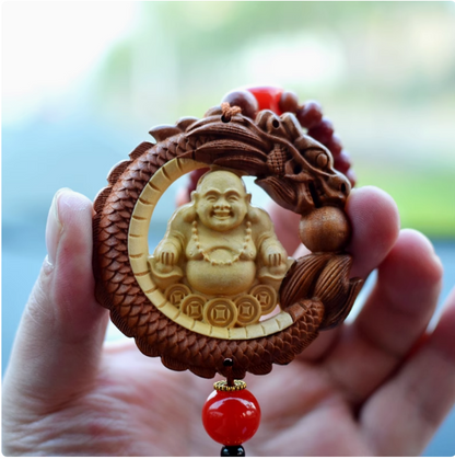 Double-sided Carved Dragon Spitting Pearl and Laughing Buddha Peach Wood Pendant