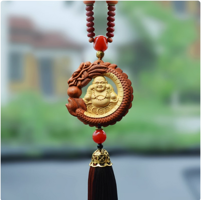 Double-sided Carved Dragon Spitting Pearl and Laughing Buddha Peach Wood Pendant