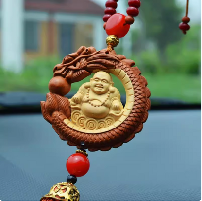 Double-sided Carved Dragon Spitting Pearl and Laughing Buddha Peach Wood Pendant