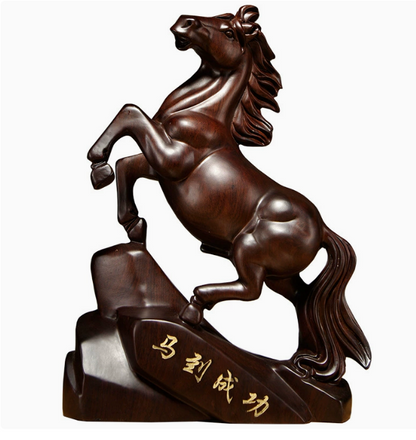 Ebony Wood Carved Horse Ornament, Solid Wood 'Success' Horse, Home, Study, Office Desk Decoration Craft