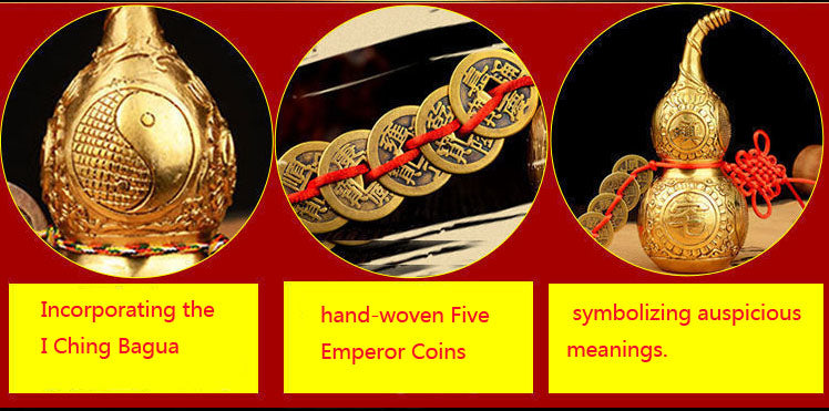 This translation reflects the specific elements mentioned, such as the material (pure copper), the feng shui item (gourd with five emperor coins), and the intended locations for placement (home, shop, living room, balcony, door-to-door).