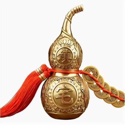 This translation reflects the specific elements mentioned, such as the material (pure copper), the feng shui item (gourd with five emperor coins), and the intended locations for placement (home, shop, living room, balcony, door-to-door).