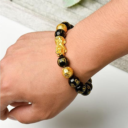 Black Obsidian Pixiu Bracelet with Six-Syllable Mantra: Feng Shui Luck Wealth and Protection