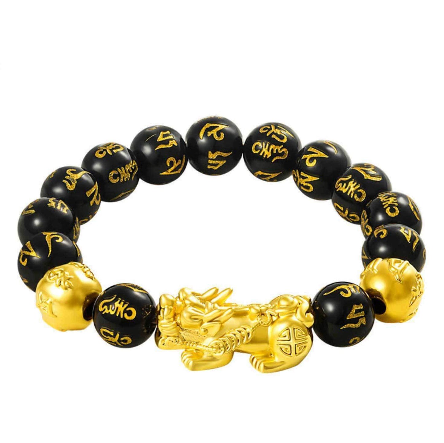 Black Obsidian Pixiu Bracelet with Six-Syllable Mantra: Feng Shui Luck Wealth and Protection